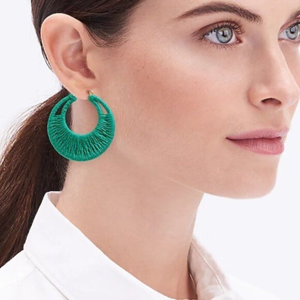J Crew Women's Thread-Wrapped Green Earrings Formal Evening Party Hoop